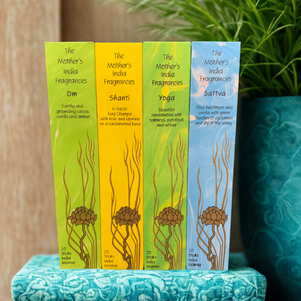 Mother India – Meditation & Yoga 4-Pack Incense Bundle (Yoga, Om, Shanti, Sattva)