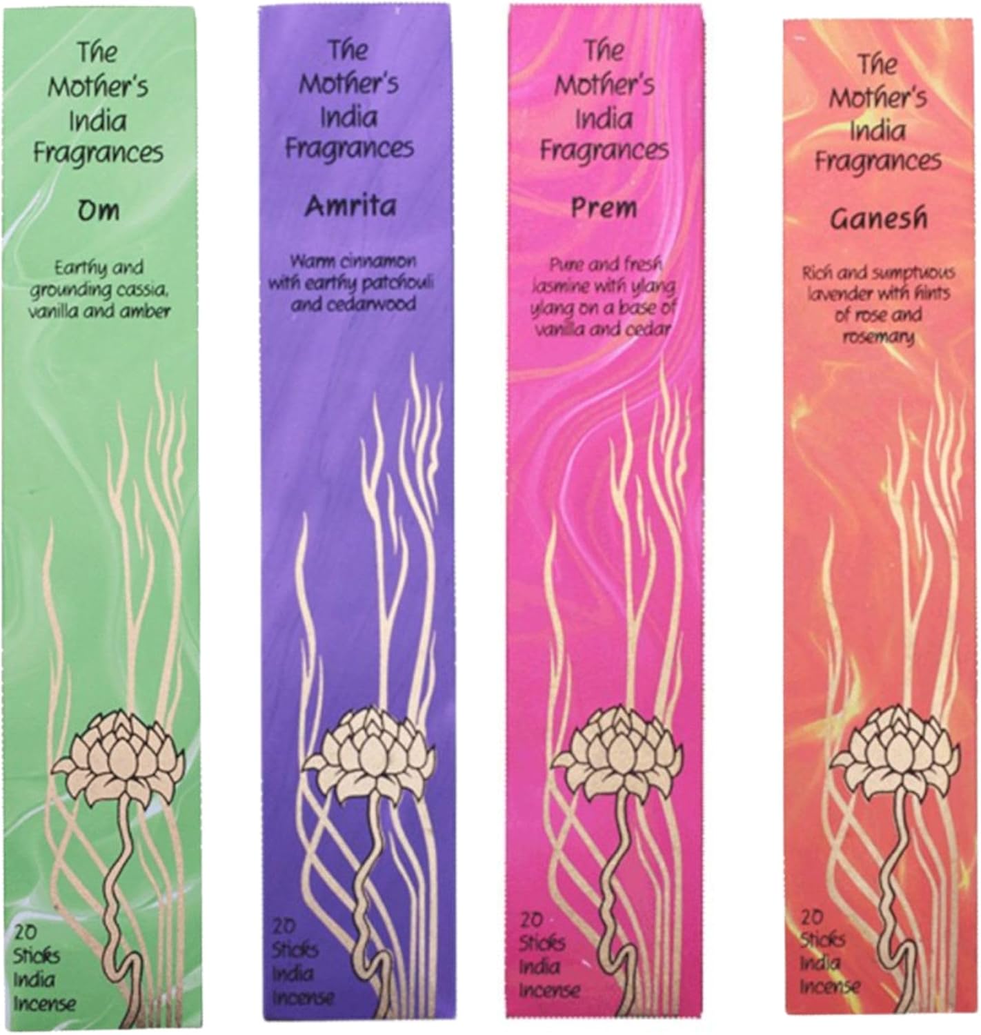 Mother’s India Incense Om Amrita Prem Ganesh 80 Sticks Aromatherapy Gift