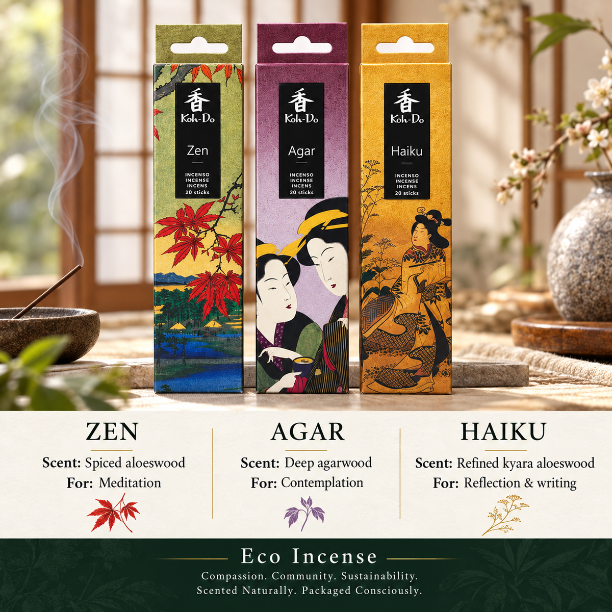 Koh-Do Deep Meditation Incense Set – 3 Packs (Haiku · Zen · Agar)