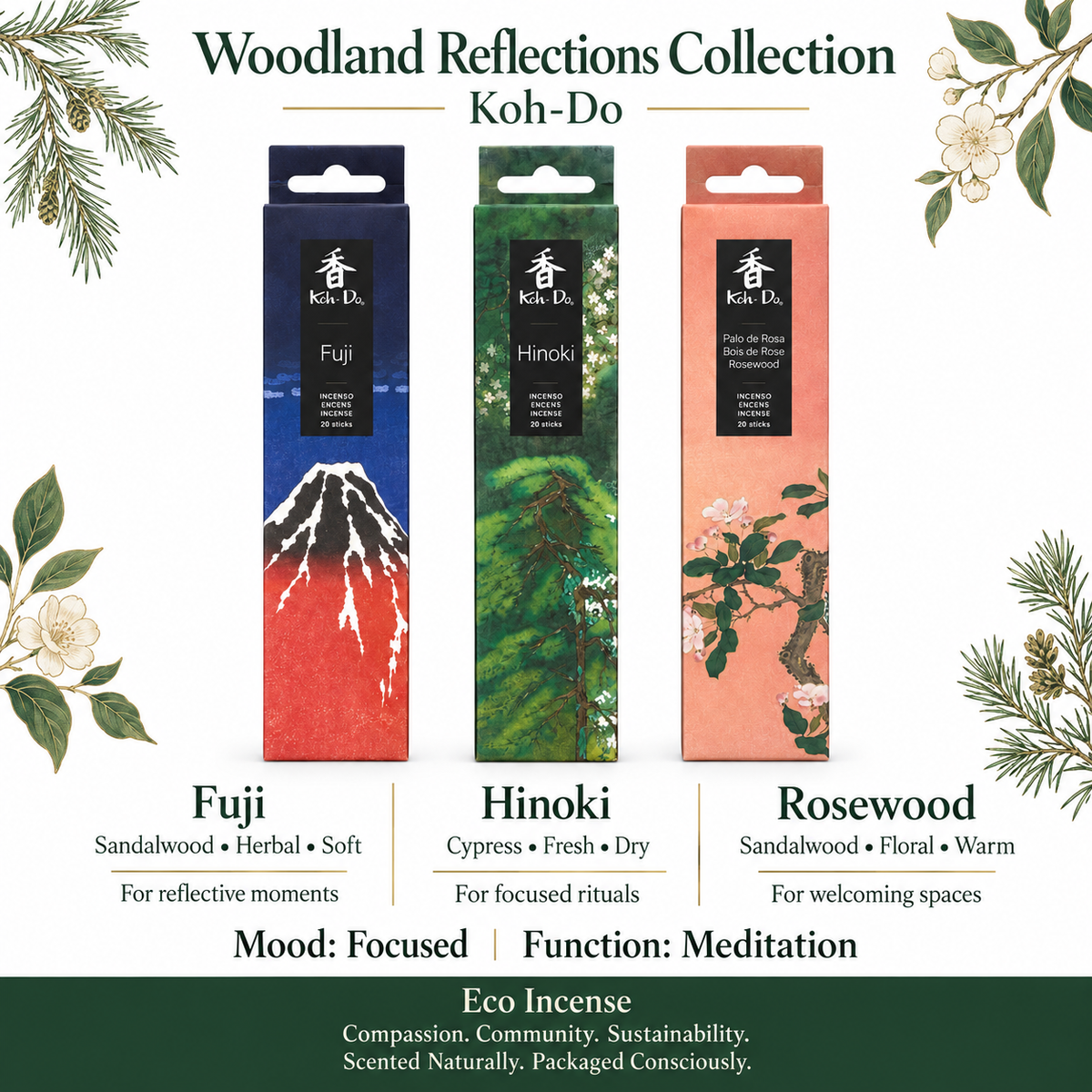 Koh-Do Grounded Woods Woodland Reflection Incense Set – 3 Packs (Hinoki · Rosewood · Fuji)