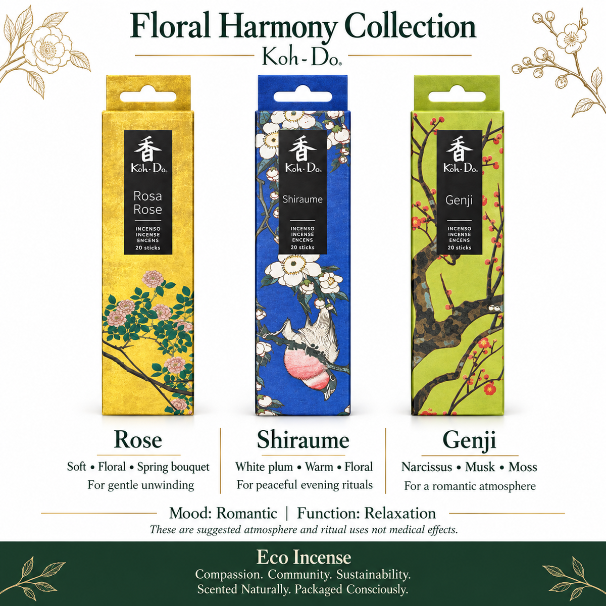 Koh-Do Romantic Blossom Incense Set – 3 Packs (Rose · Shiraume · Genji)