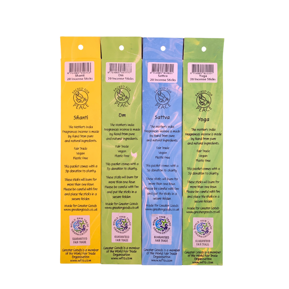 Mother India – Meditation & Yoga 4-Pack Incense Bundle (Yoga, Om, Shanti, Sattva)