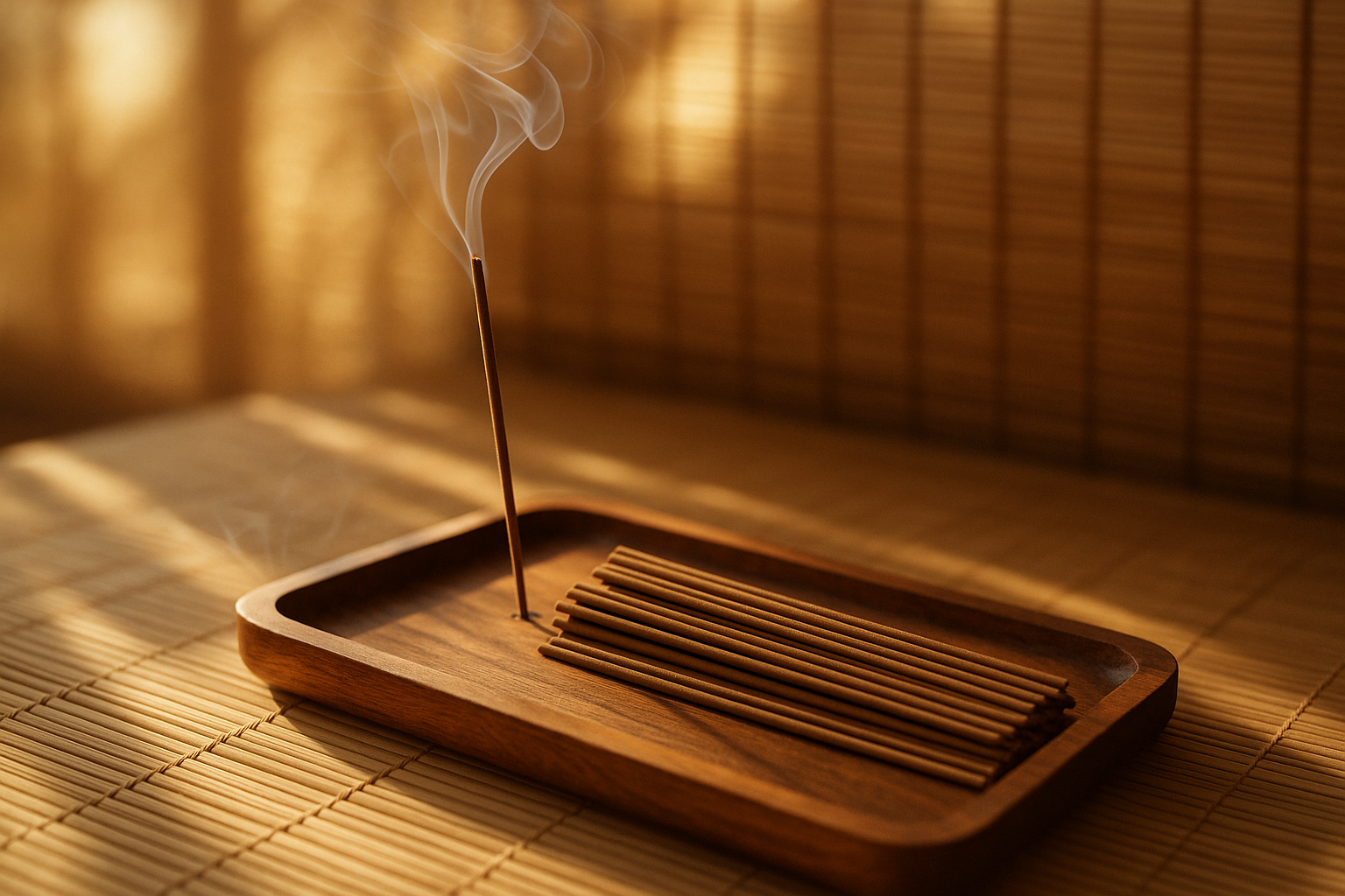 Morning Star incense stick burning in a wooden holder with sunlight streaming across a tatami mat. Calm, traditional Japanese ambiance for daily rituals.