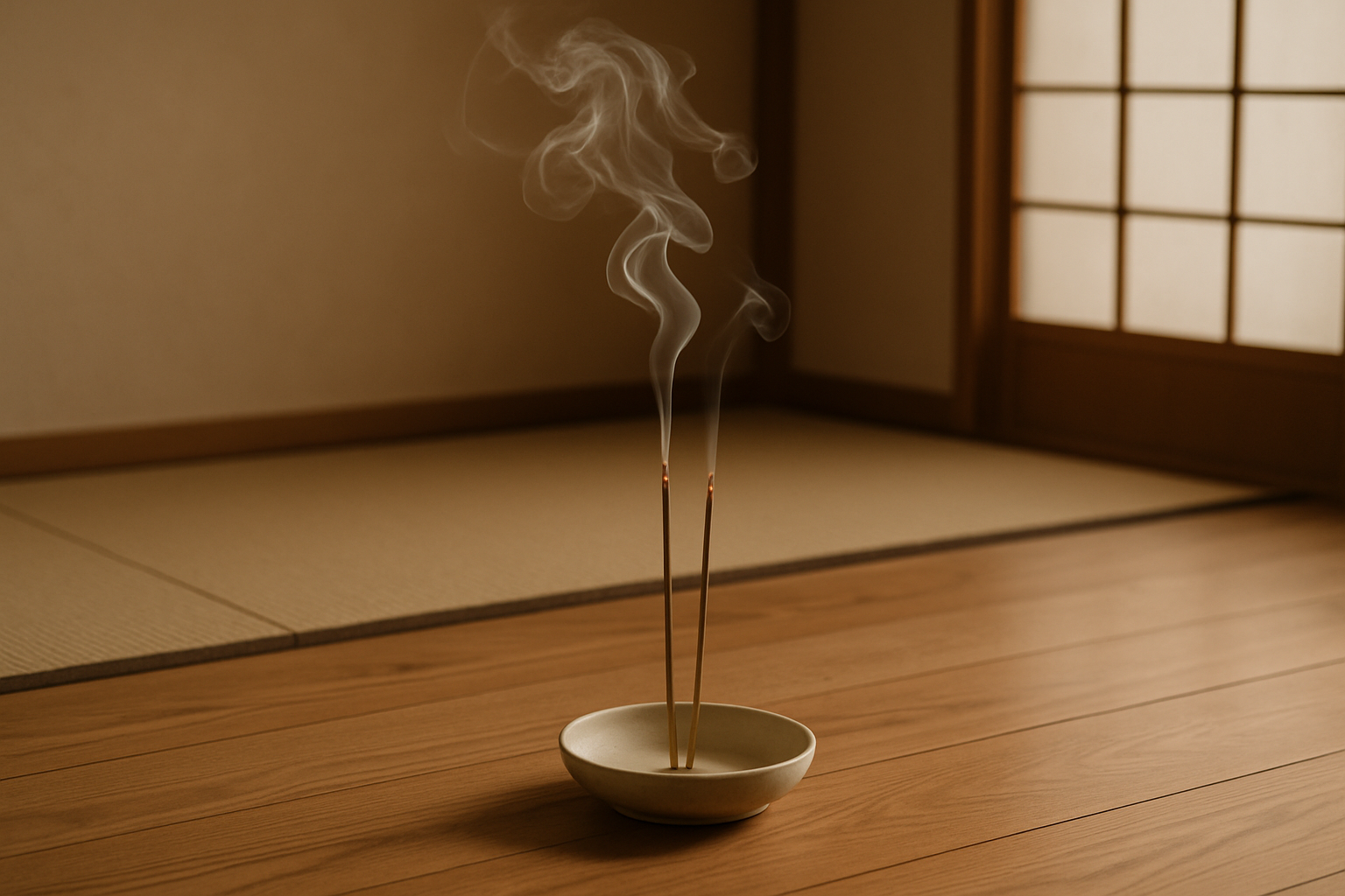 A display of Nippon Kodo incense sticks and packaging in a Japanese-inspired setting. Calm, minimal, and eco-conscious.