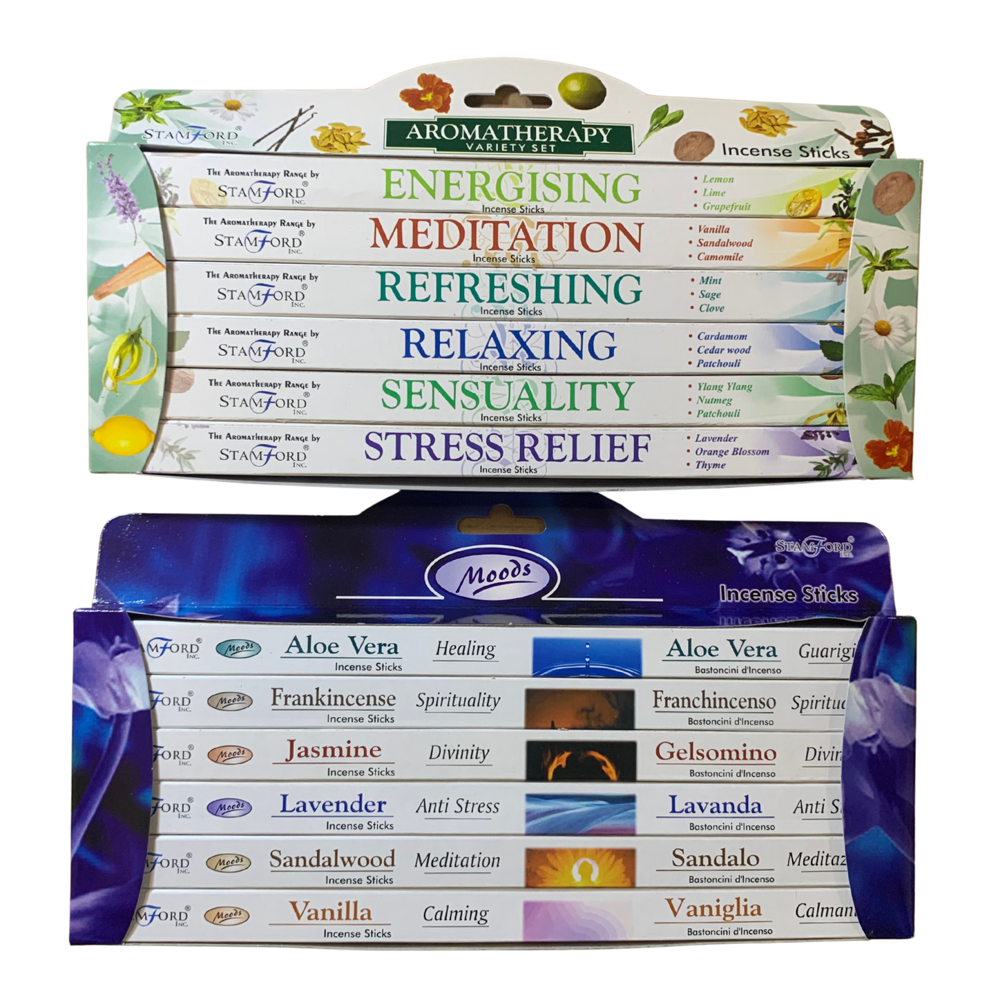 Stamford Value Gift Set of 96 – Moods & Aromatherapy incense (Aloe Vera, Frankincense, Jasmine, Lavender, Sandalwood, Vanilla, Meditation, Energising, Sensuality, Refreshing, Stress Relief, Relax)
