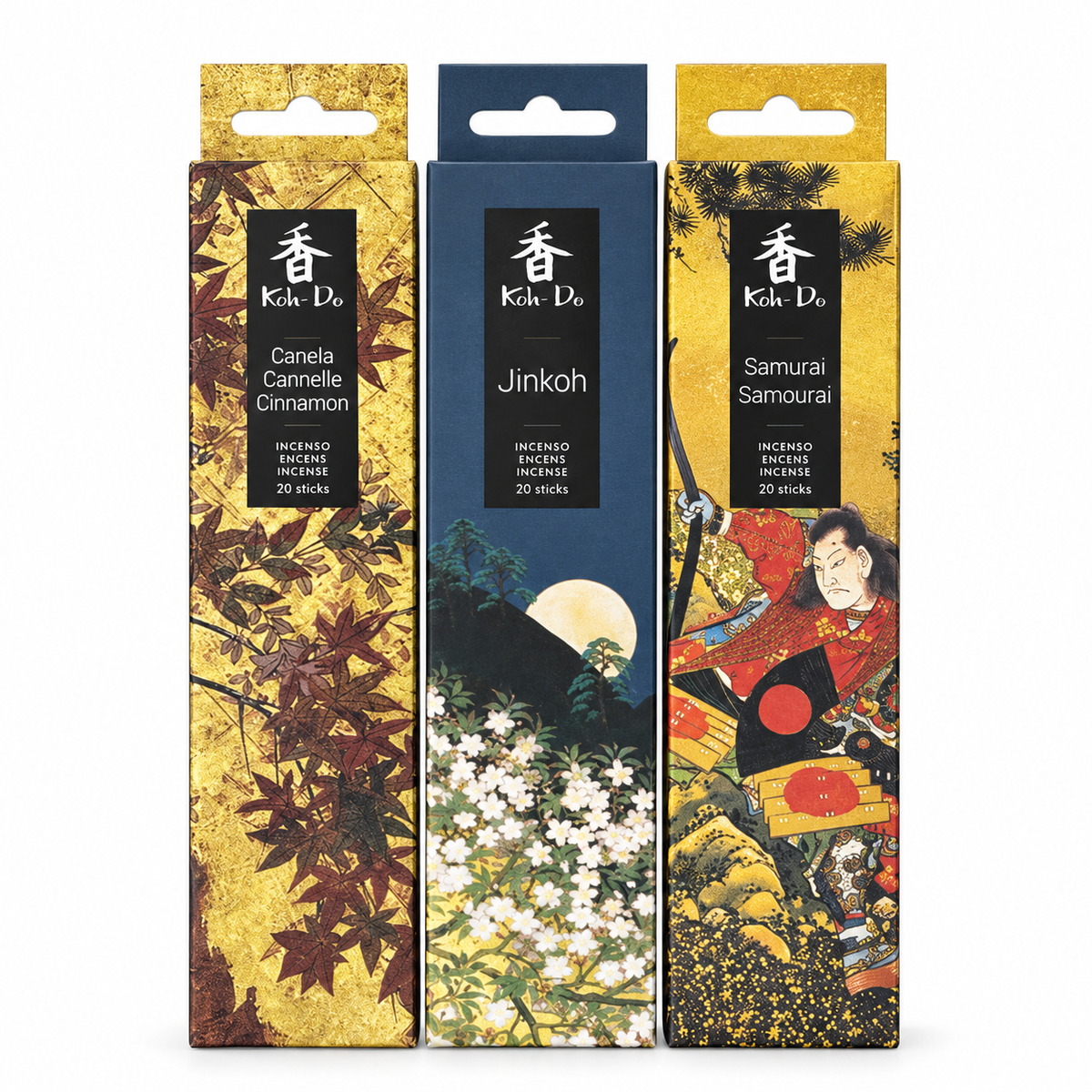 Koh-Do Warm Spice and stillness Incense Set – 3 Packs (Cinnamon · Samurai · Jinkoh)