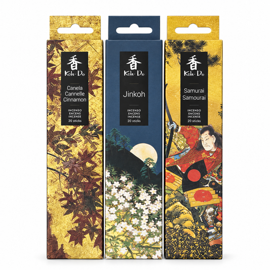 Koh-Do Warm Spice and stillness Incense Set – 3 Packs (Cinnamon · Samurai · Jinkoh)