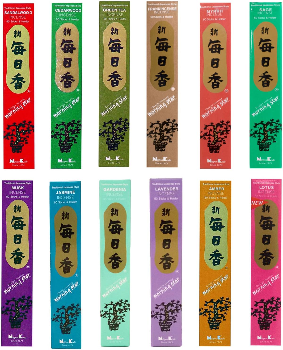 Morning Star Nippon Kodo Incense - 12 Fragrance Assortment (Total 12x50, 600 Sticks) - Sandalwood, Cedarwood, Green Tea, Frankincense, Myrrh, Sage, Musk, Jasmine, Gardenia, Lavender, Amber, Lotus