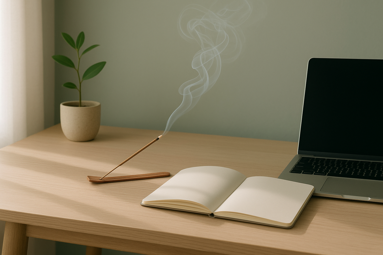 Incense stick burning beside a notebook and tea in a focused workspace with soft light. Clean, mindful, and designed for mental clarity.