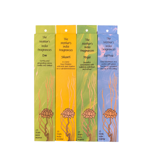 Mother India – Meditation & Yoga 4-Pack Incense Bundle (Yoga, Om, Shanti, Sattva)