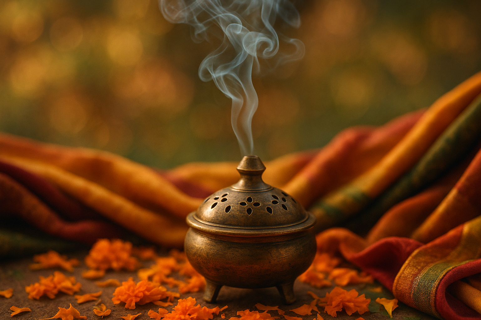 A display of Mother’s India incense in eco packaging with soft rising smoke, inspired by Auroville and sacred Indian traditions.