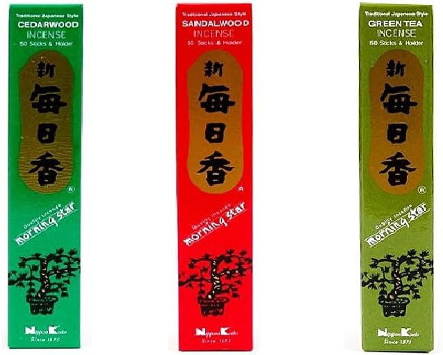 nippon kodo Morning Star Incense Bundle of 3 x 50 Sticks Boxes (Cedarwood, Sandalwood, Green Tea) - Premium Incense Sticks - Traditional Japanese Style