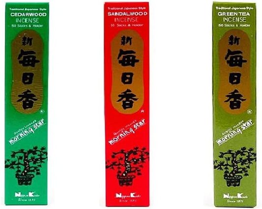 nippon kodo Morning Star Incense Bundle of 3 x 50 Sticks Boxes (Cedarwood, Sandalwood, Green Tea) - Premium Incense Sticks - Traditional Japanese Style