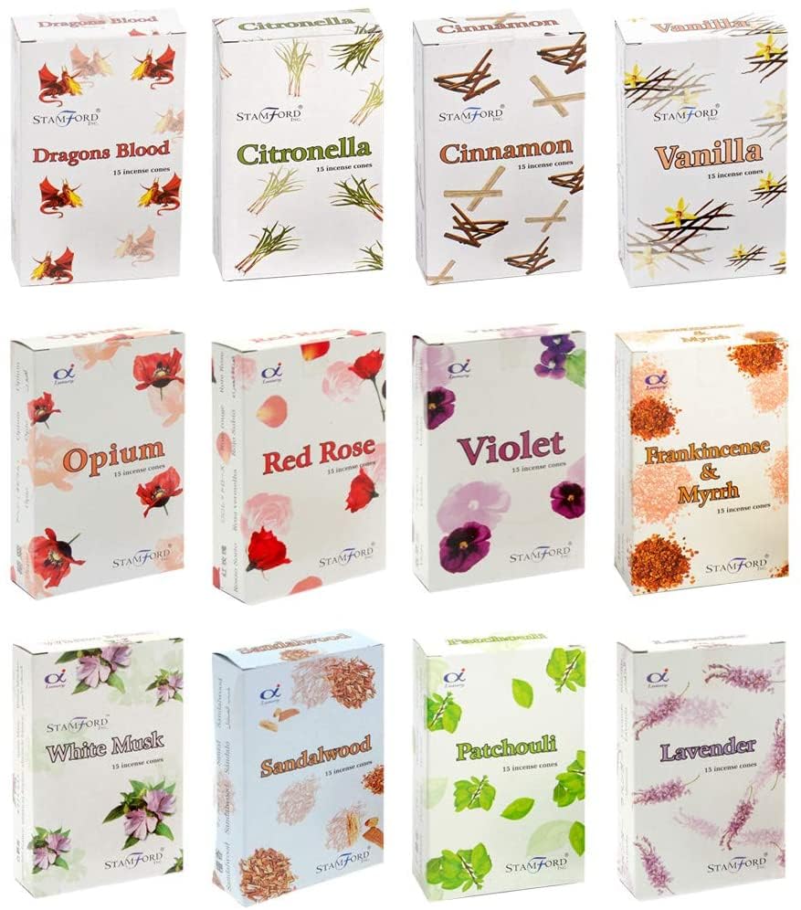 Stamford 37351 Floral Variety Set Incense Cones-12 Packs X 15 Cones, Black, One Size Cinnamon, Citronella, Dragons Blood, Frankincense Myrrh, Lavender, Opium, Patchouli, Red Rose, Sandalwood, Vanilla,