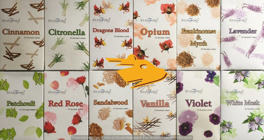 12 Pack incense cones Cinnamon, Citronella, Dragons blood, Frankincense & Myrrh, Lavender, Opium, Patchouli, Red rose, Sandalwood, Vanilla, Violet, White musk. 15 cones per pack 180 in total.