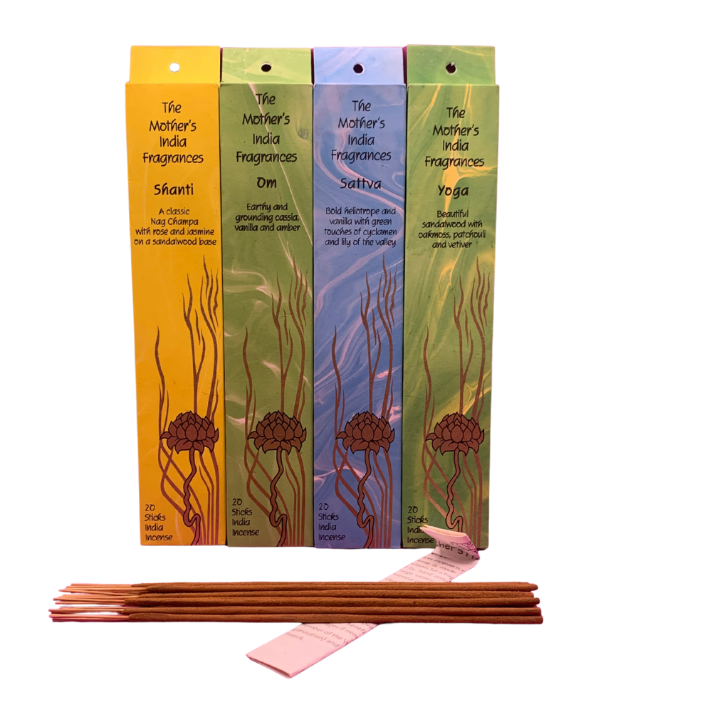 Mother India – Meditation & Yoga 4-Pack Incense Bundle (Yoga, Om, Shanti, Sattva)