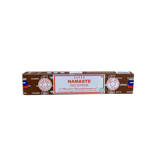 Box of Satya Namaste Incense on a white background. Satya Namaste Incense Sticks – floral earthy calming aroma for yoga, meditation, mindfulness and spiritual harmony – 15g hand-rolled box

