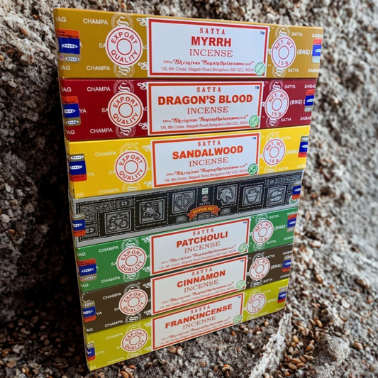 Satya Sacred Fire Incense - Energy & Focus Boosting Set | Dragon's Blood, Cinnamon, Super Hit | Warming & Motivating Scents