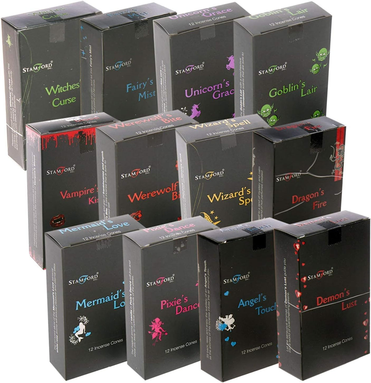 Stamford Black Incense Cones 144 (12 Boxes, 12 Cones) Mixed Sampler Pack (MIXED VARIETY BOX)