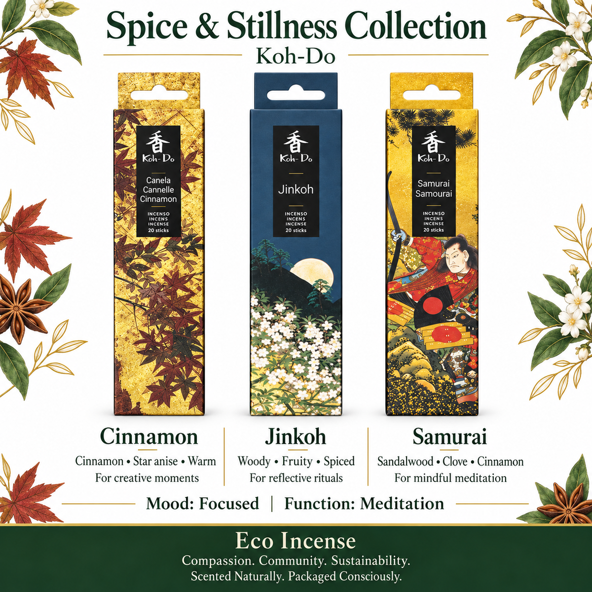 Koh-Do Warm Spice and stillness Incense Set – 3 Packs (Cinnamon · Samurai · Jinkoh)