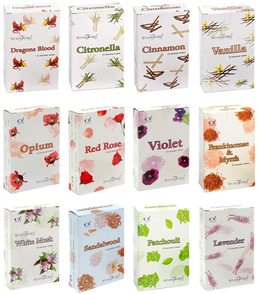 Stamford 37351 Floral Variety Set Incense Cones-12 Packs X 15 Cones, Black, One Size Cinnamon, Citronella, Dragons Blood, Frankincense Myrrh, Lavender, Opium, Patchouli, Red Rose, Sandalwood, Vanilla,