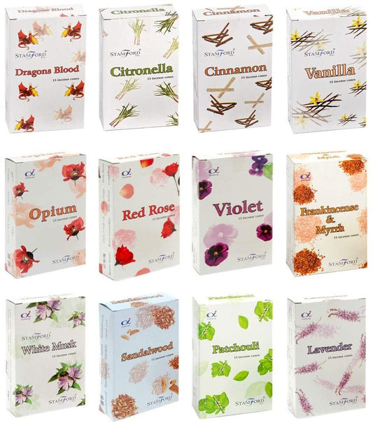 Stamford 37351 Floral Variety Set Incense Cones-12 Packs X 15 Cones, Black, One Size Cinnamon, Citronella, Dragons Blood, Frankincense Myrrh, Lavender, Opium, Patchouli, Red Rose, Sandalwood, Vanilla,