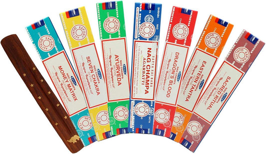Satya Nag Champa Incense Pack of 7 – Sacred Ritual, Eastern Tantra, Dragon’s Blood, Ayurveda, Seven Chakra, Money Matrix + Wooden Holder