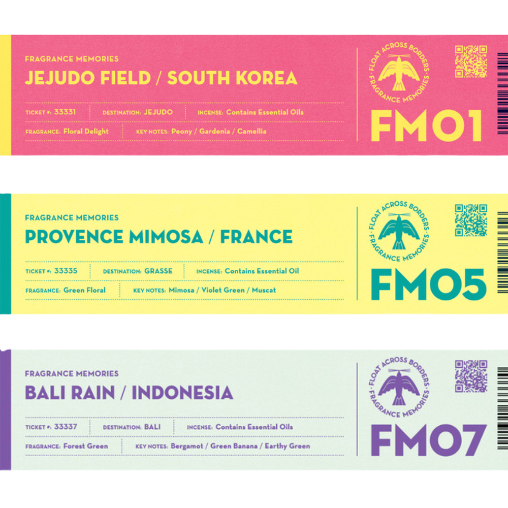 Fragrance Memories Incense Floral Calm Set Provence Mimosa, Bali Rain, Jejudo Field