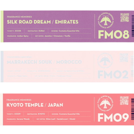 Fragrance Memories Incense Spiritual Journey Set Kyoto Temple, Marrakech Souk, Silk Road Dream